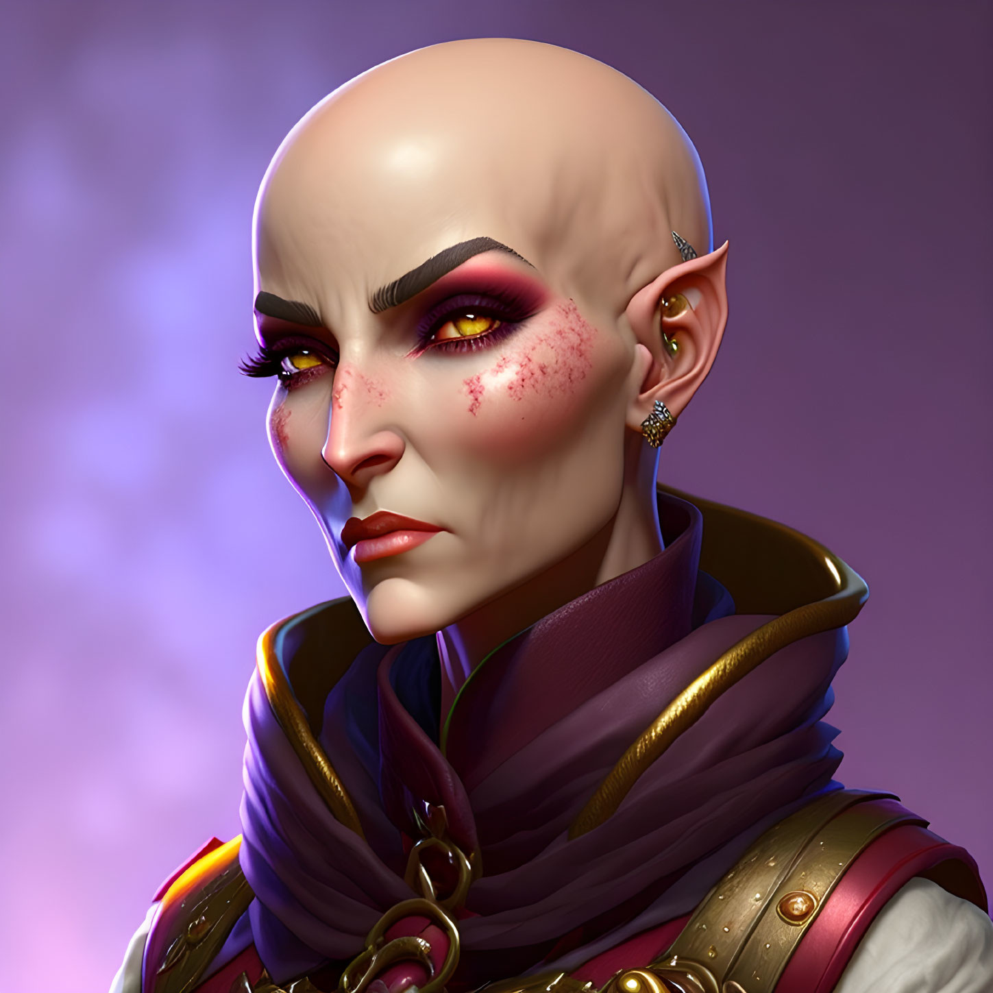 Bald Female Elf Portrait with Purple Eyeshadow