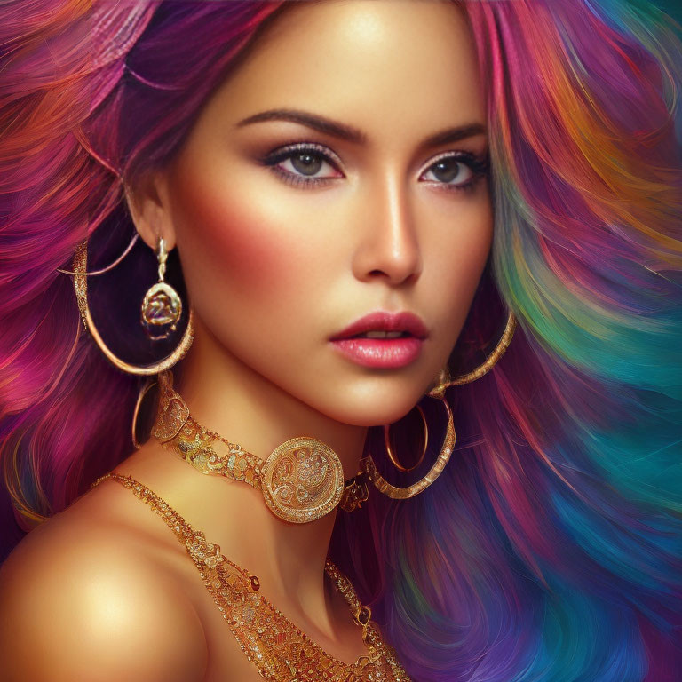 Vibrant multicolored hair and bold makeup with golden jewelry.