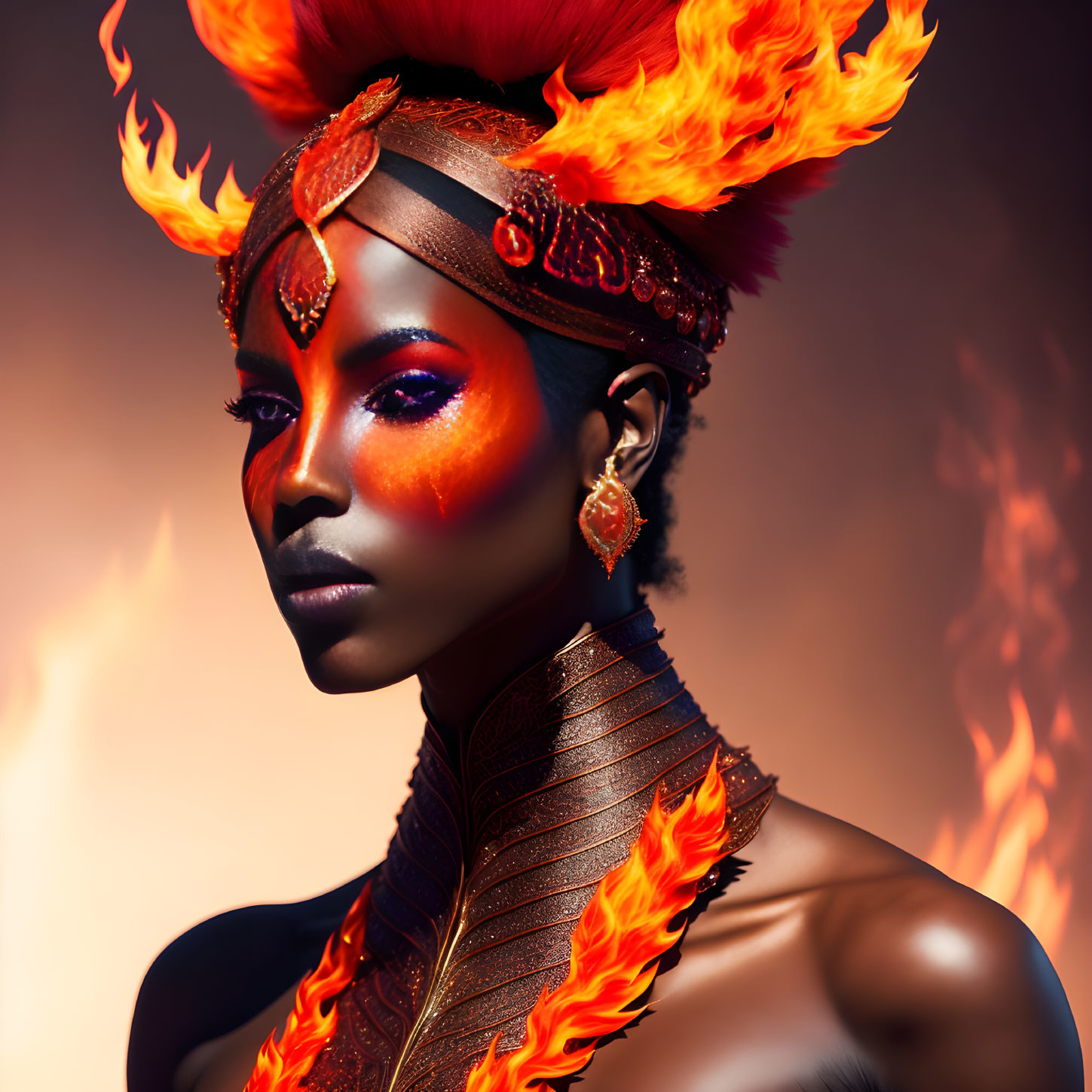 Digital artwork of woman with fiery makeup, feathered headpiece, and flame motifs against flames