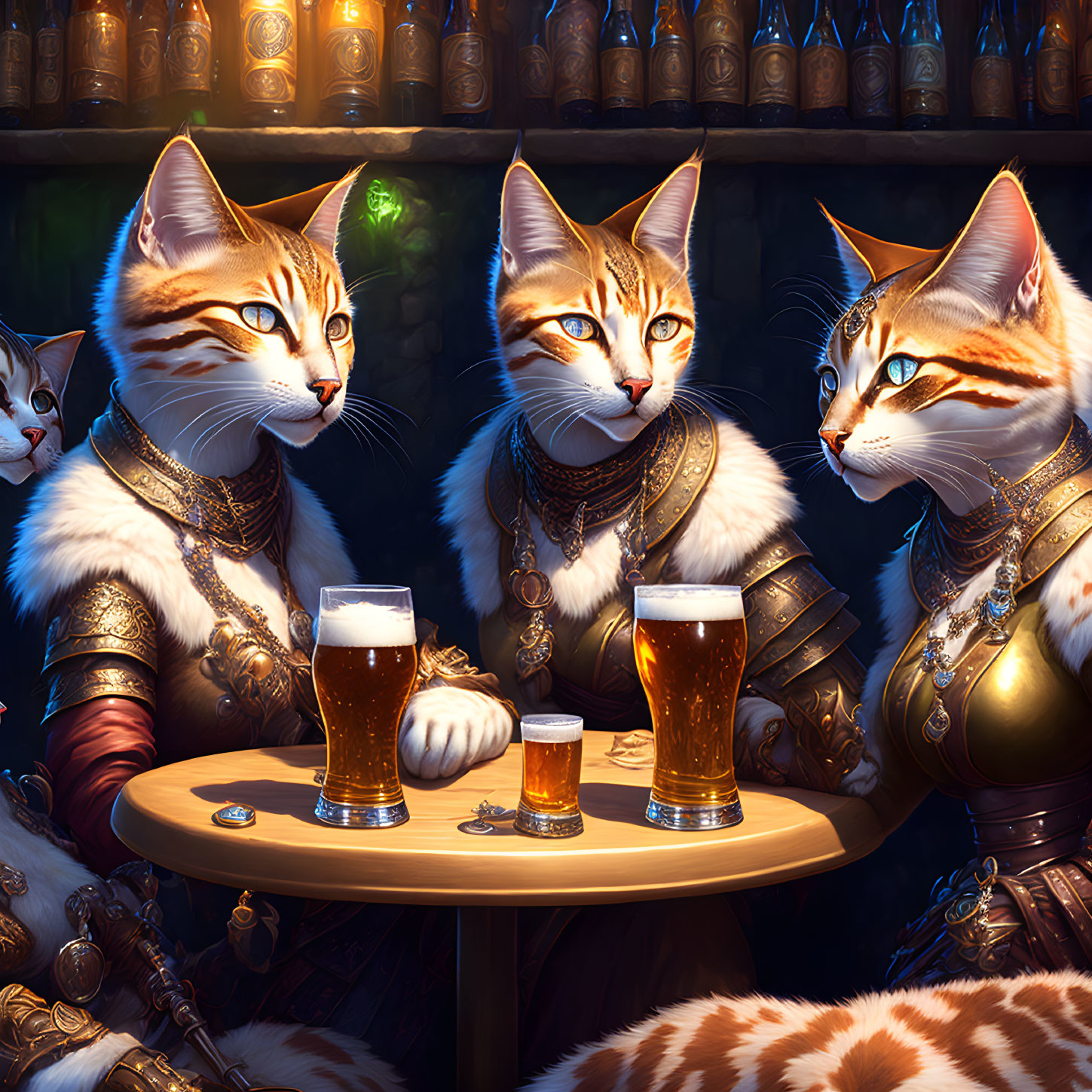 Four anthropomorphic cats in medieval armor drinking beer in tavern setting