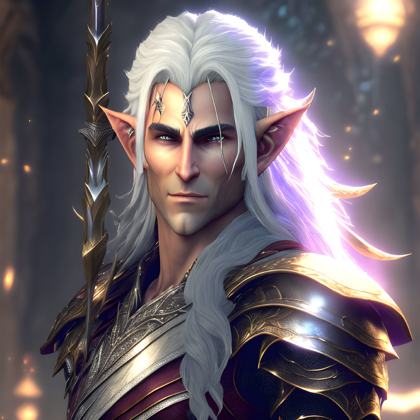 Ethereal male elf with white hair and ornate armor in mystical setting