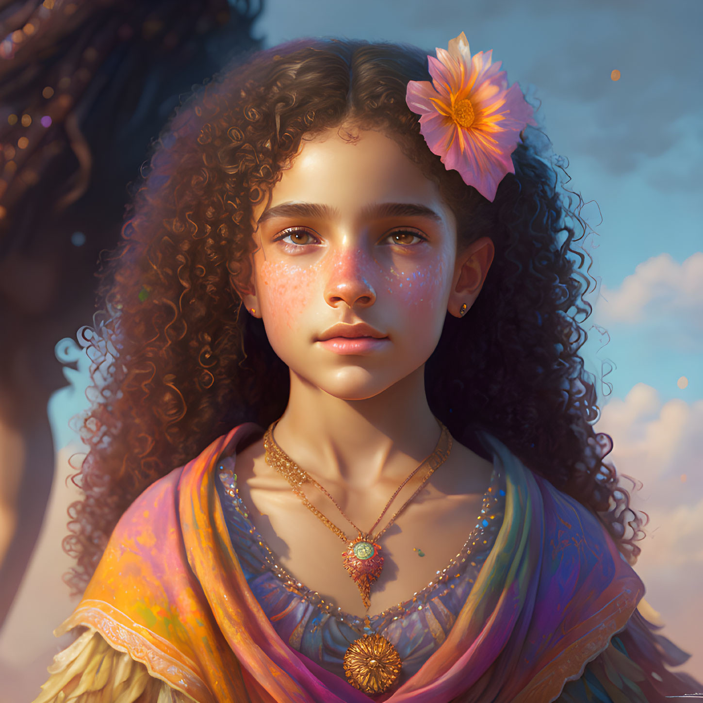 Young girl with curly hair, flower, colorful scarf, necklace, dreamy expression against cloudy sky