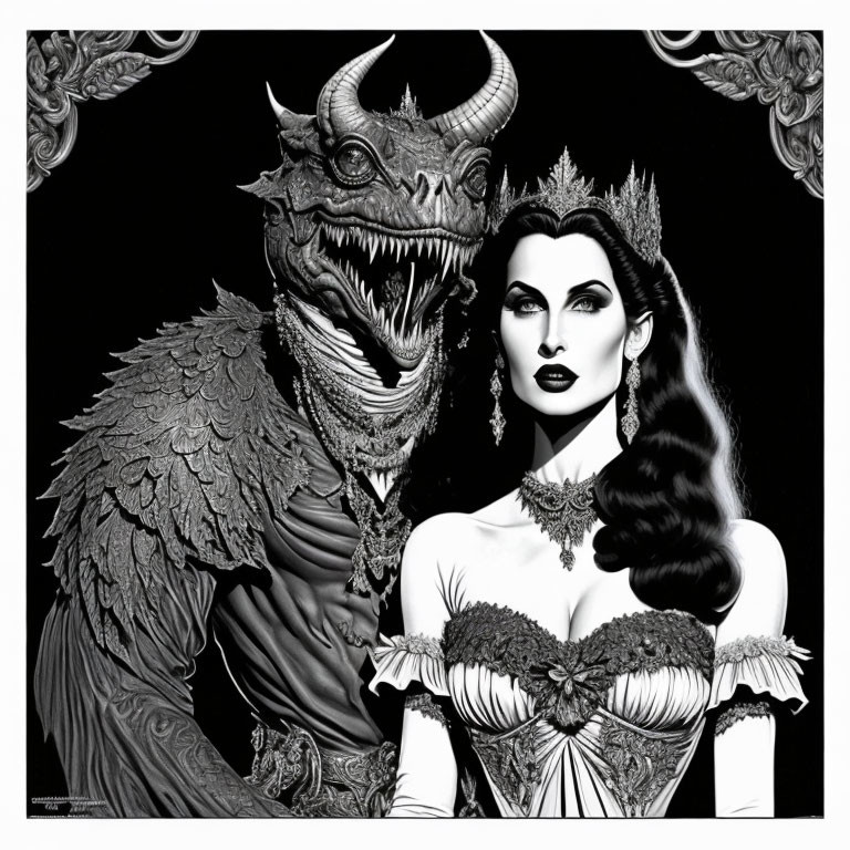 Monochromatic illustration of dragon and woman with crown and necklace