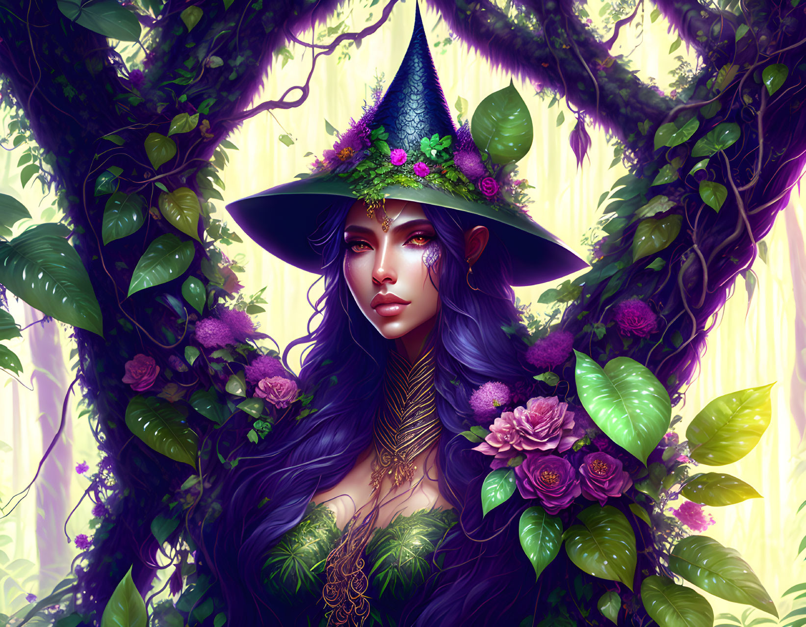 Violet-haired witch in floral hat surrounded by greenery and purple flowers