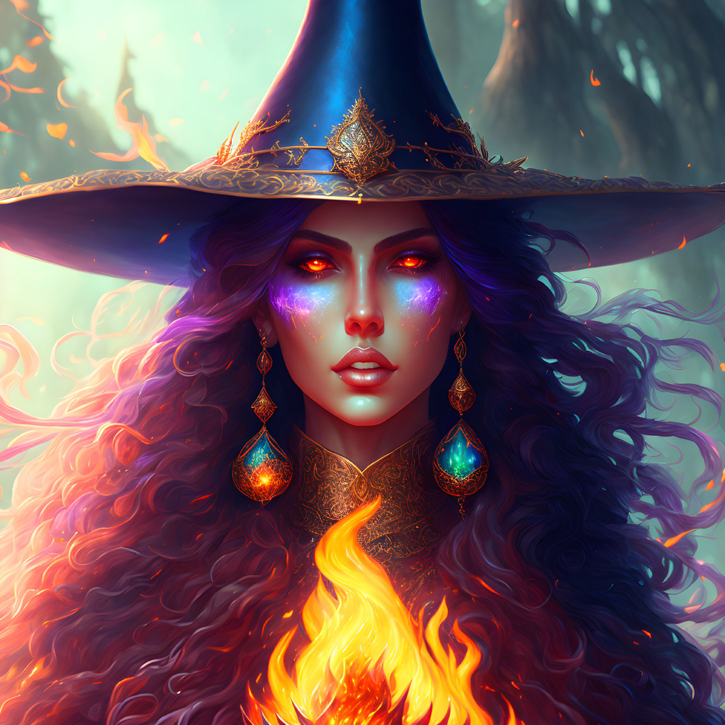 Mystical witch with curly hair and purple eyes casting a fiery spell