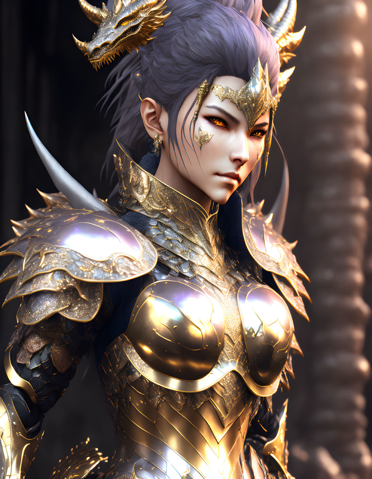 Fantasy warrior woman with dragon-themed armor and intricate facial markings