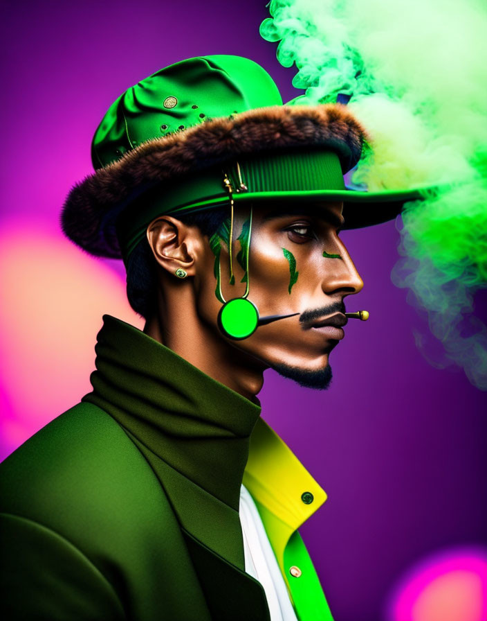 Fashionable individual in green hat and coat exhales vibrant green smoke on purple backdrop