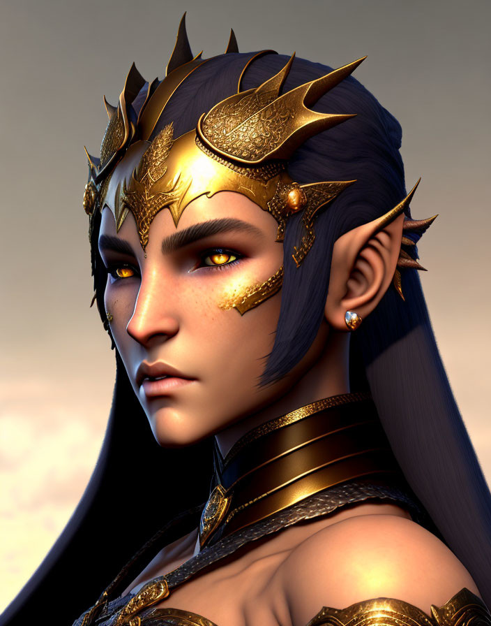 Fantasy female character with pointed ears and golden armor headpiece