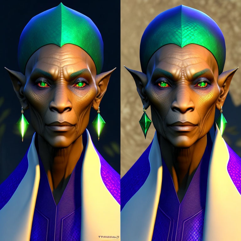 Fictional character with pointed ears and green skin in blue and white outfit