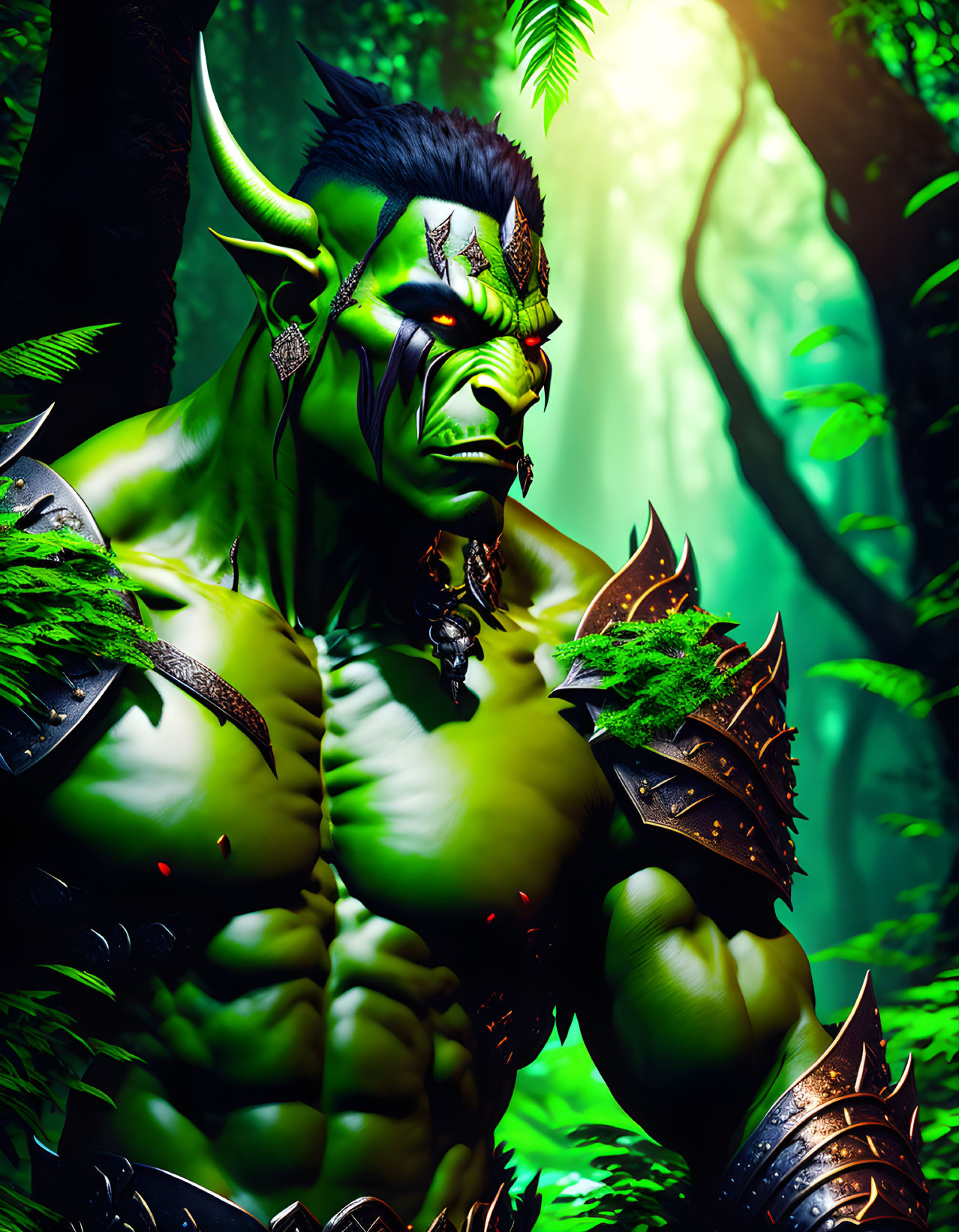 Mystical forest scene featuring imposing green-skinned orc