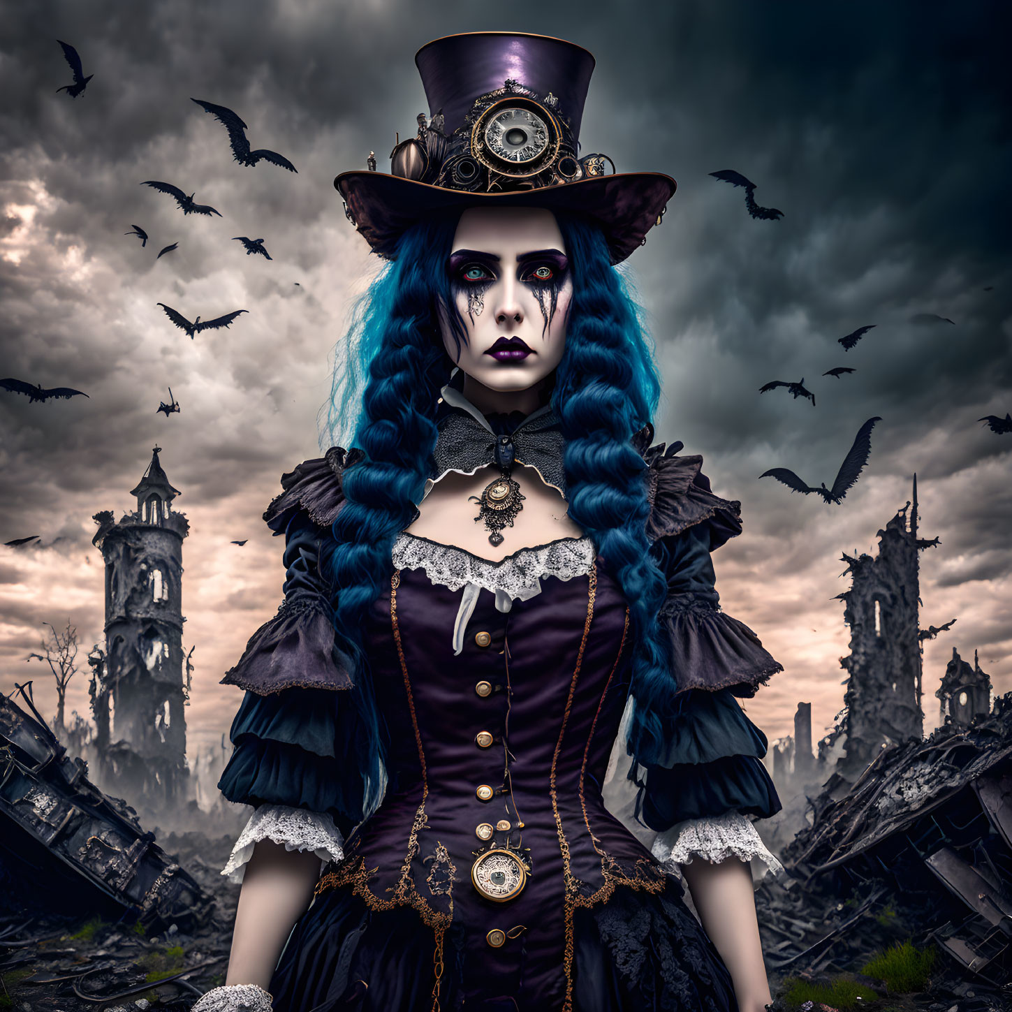 Gothic Victorian woman with blue hair and top hat in eerie setting
