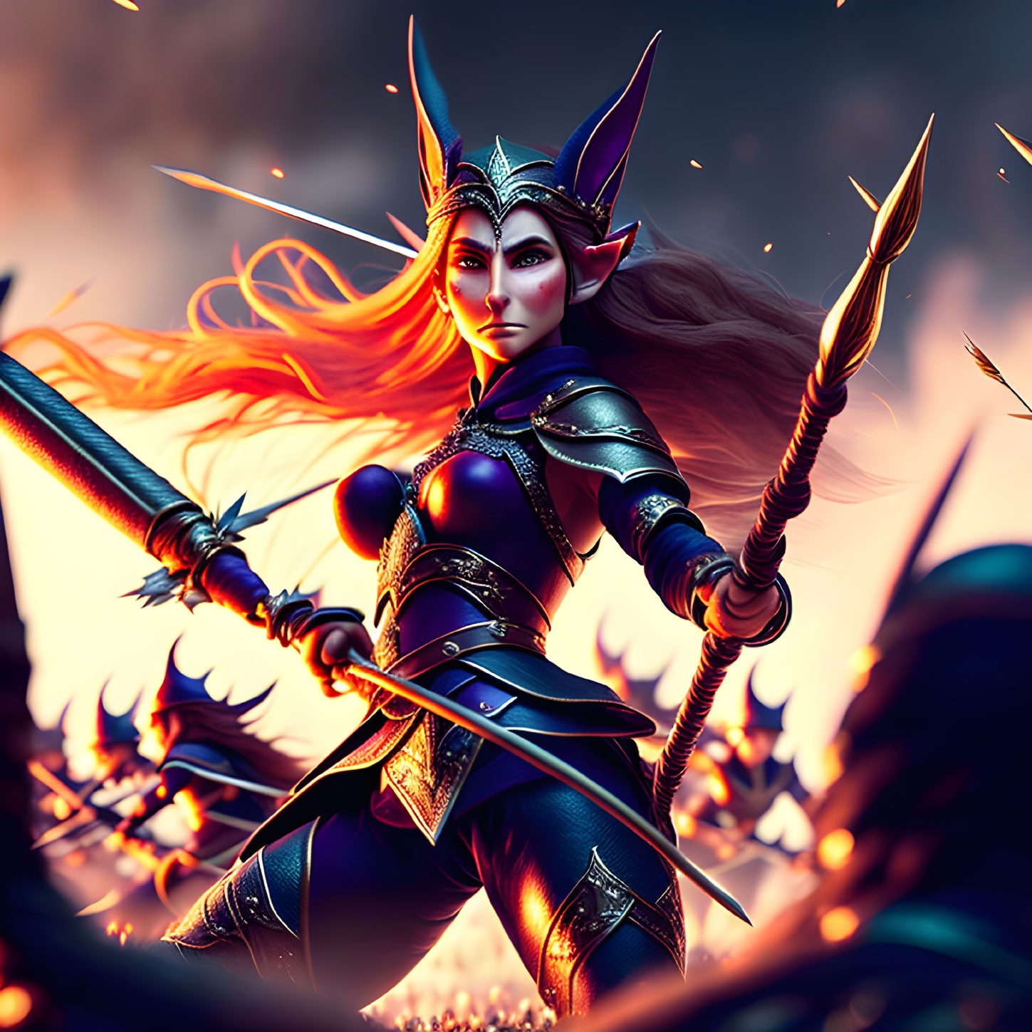 Elf warrior with orange hair wields spear in twilight battlefield