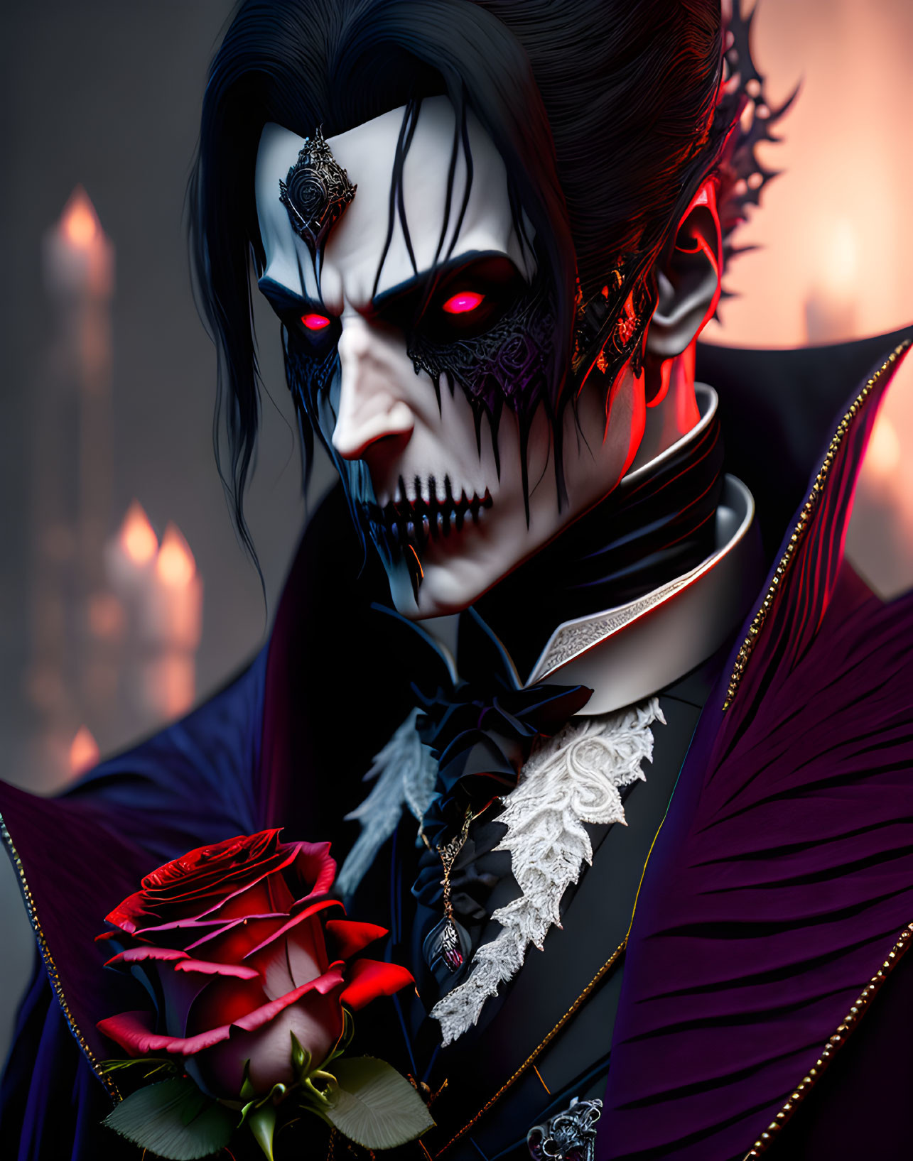 Gothic vampire with red eyes, fangs, holding a red rose in dark suit