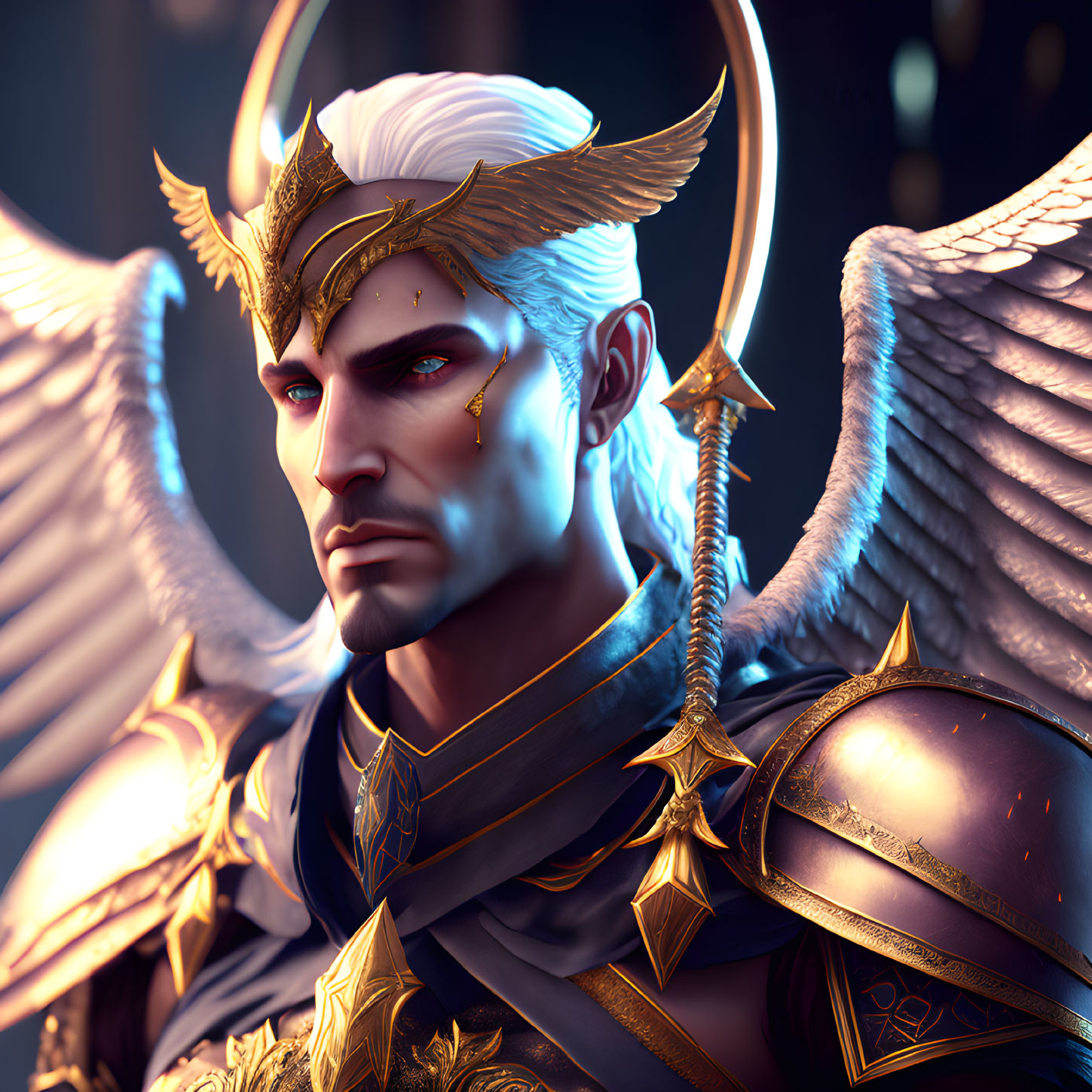 Digital art: Majestic male figure with golden winged helmet and celestial-themed armor