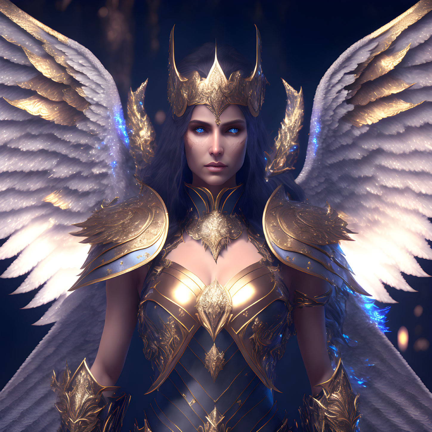 Majestic figure in golden armor with white wings and helmet