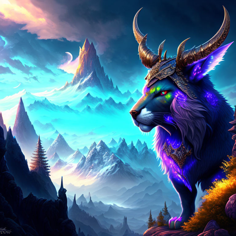 Colorful horned wolf overlooks fantasy landscape with mountains and crescent moon