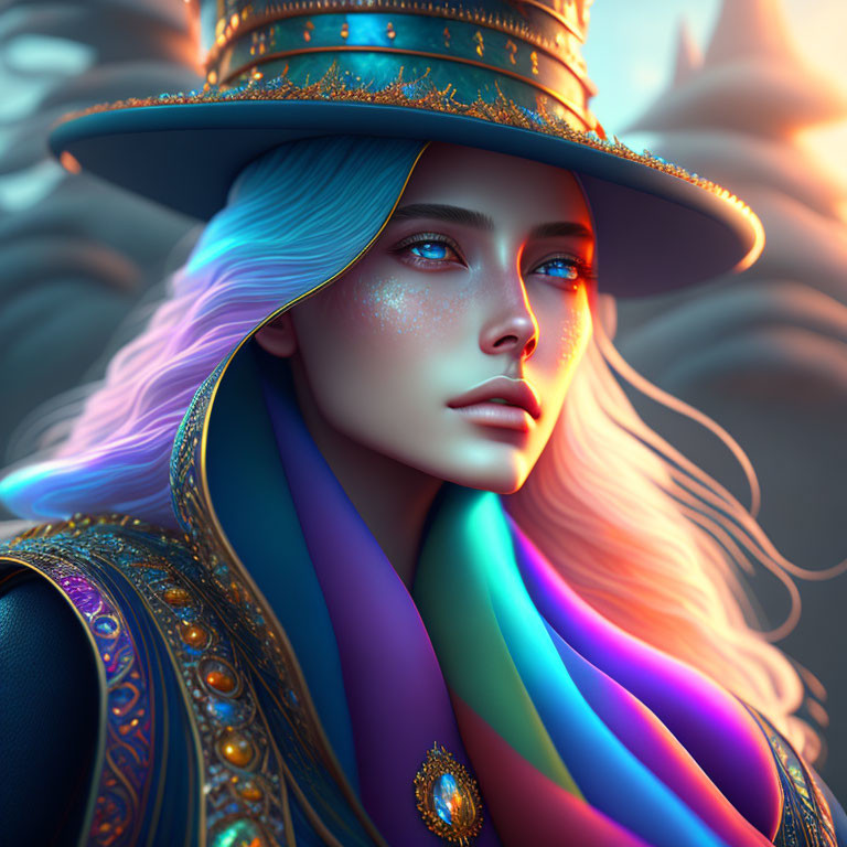 Portrait of woman with blue hair, glowing skin, decorated hat, colorful outfit