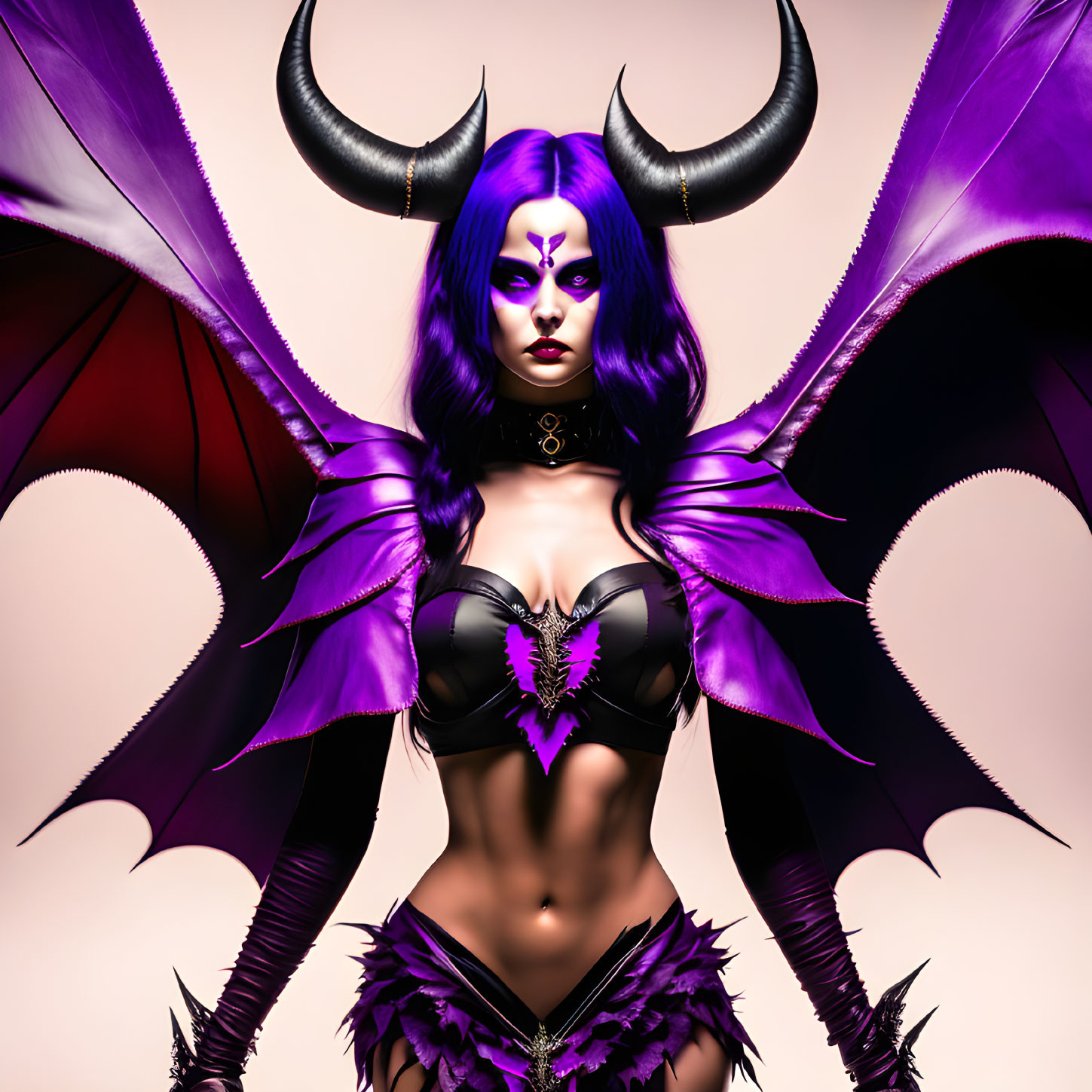 Purple-skinned demon female character in dark armor costume on pink background