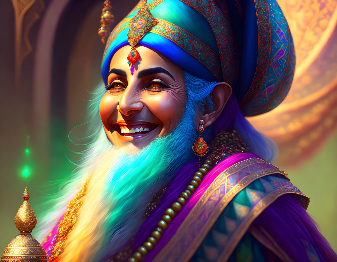 Colorful Traditional Indian Attire on Joyful Bearded Man