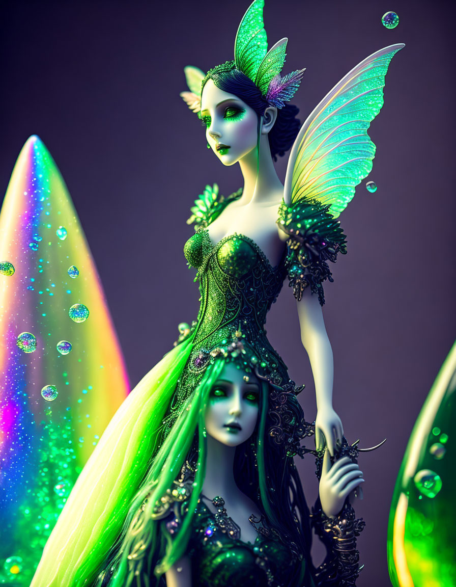 Artistic depiction of elegant fairies with iridescent wings in green dresses, surrounded by bubbles and