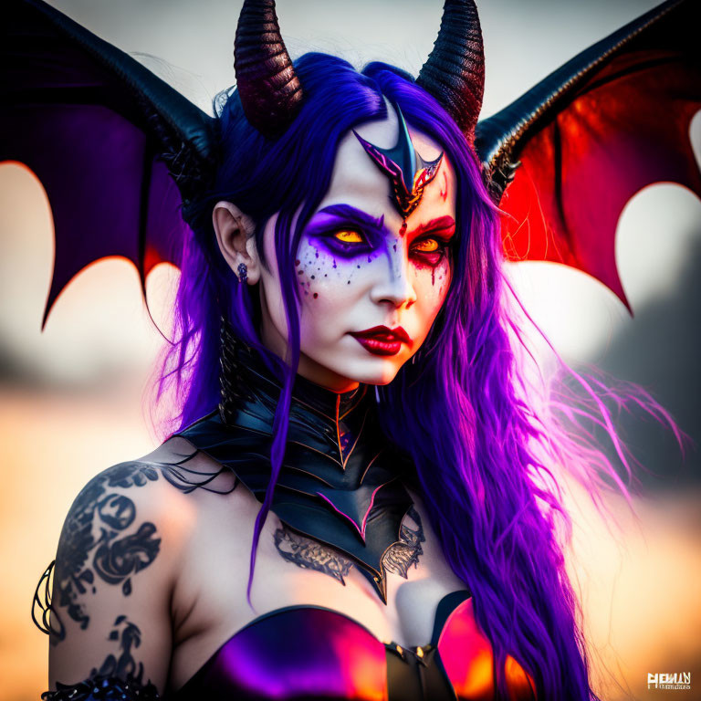 Fantasy demon character with purple hair, horns, wings, and dark makeup