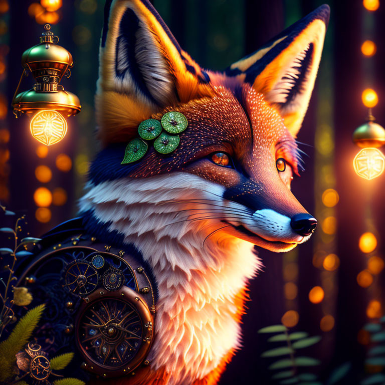 Illustration of anthropomorphic fox in armor with lanterns in twilight forest