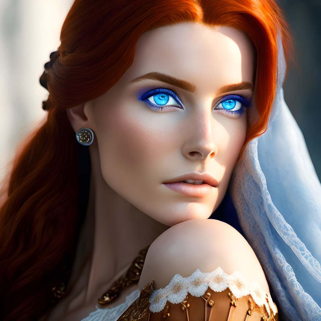 Digital portrait of woman with blue eyes, red hair, gold-trimmed attire, and blue veil