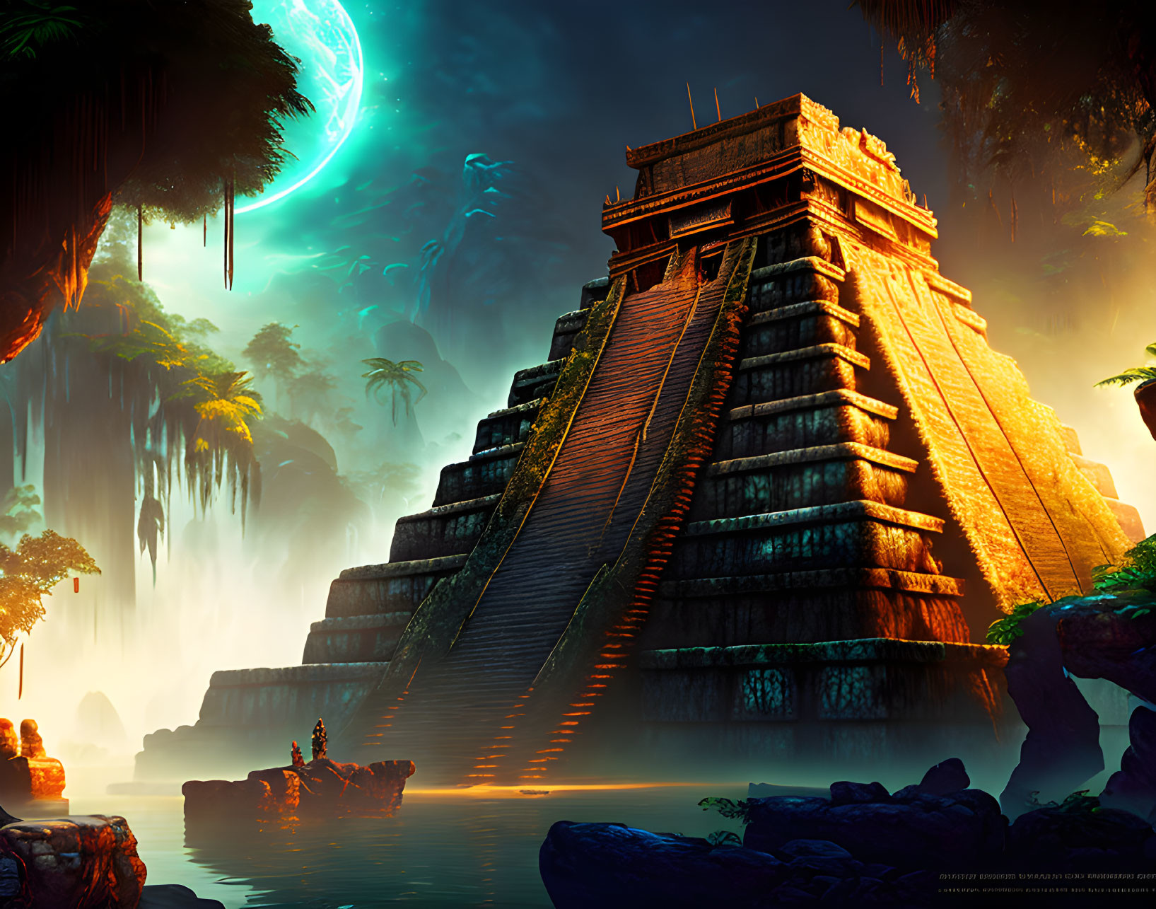 Ancient pyramid in mystical jungle setting with glowing moon