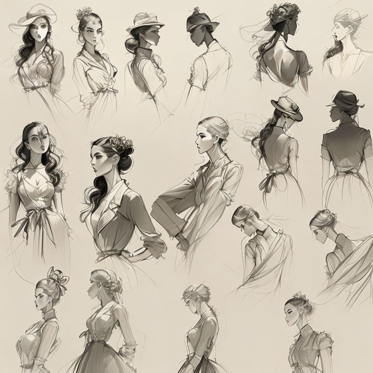 Monochromatic sketches of women in vintage attire and elegant poses