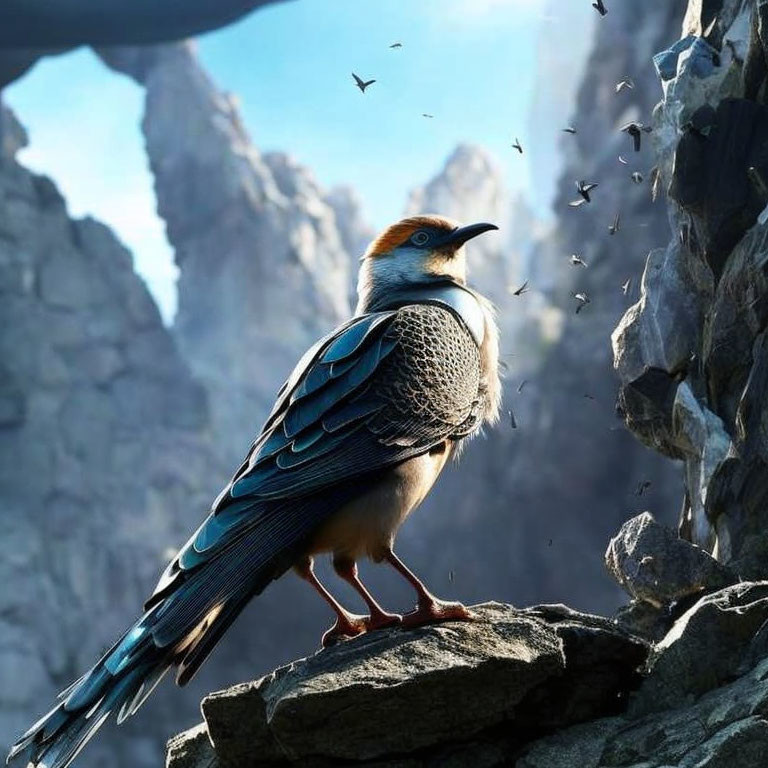 Vibrant blue and orange bird perched in rugged mountain landscape