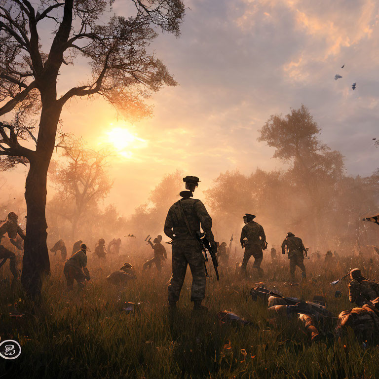 Soldier on Battlefield at Sunset with Smoke, Fallen Troops, and Birds