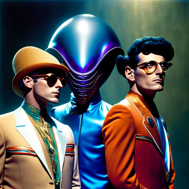 Three individuals posing confidently with central figure in metallic mask.
