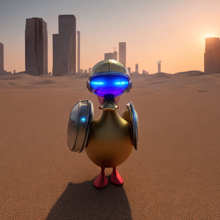 Golden robot duck with visor and pink flippers in futuristic desert landscape