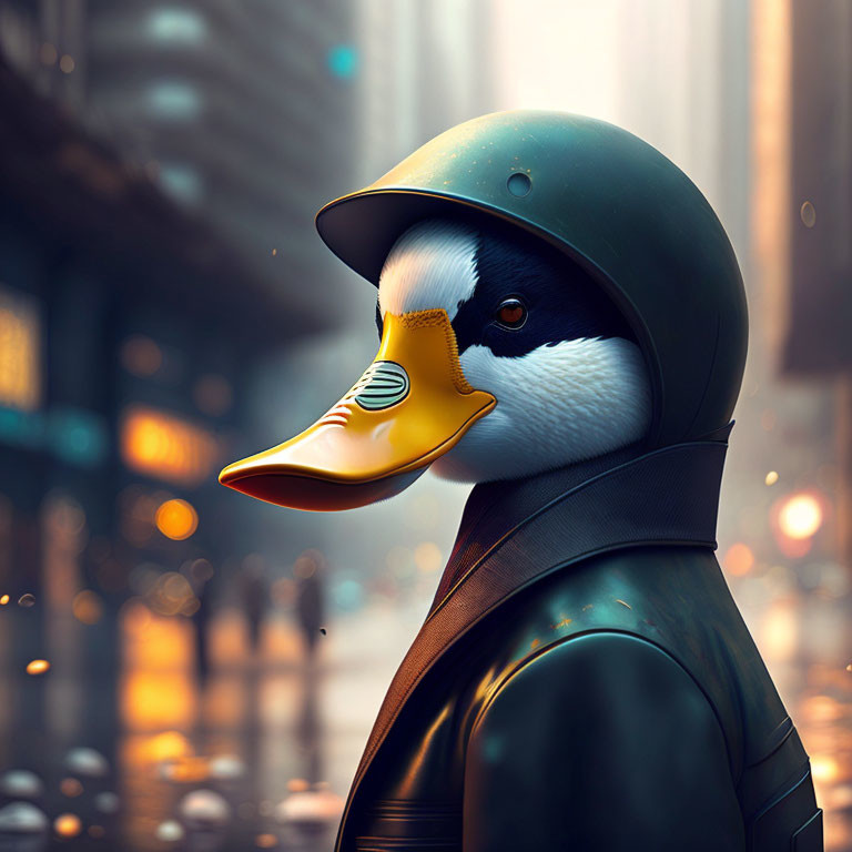 Duck in helmet and jacket on rainy urban street with city lights.