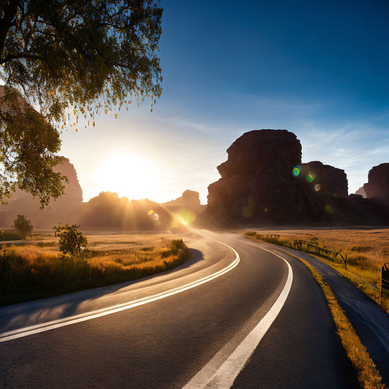 Scenic landscape with winding road and rock formations at sunrise