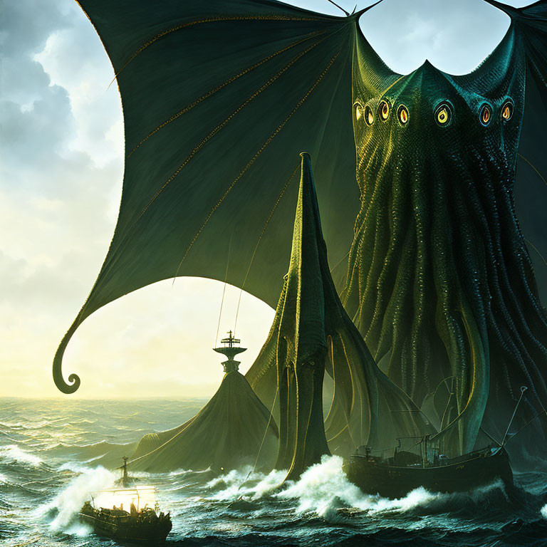 Gigantic sea creature with tentacles and wings towers over ships
