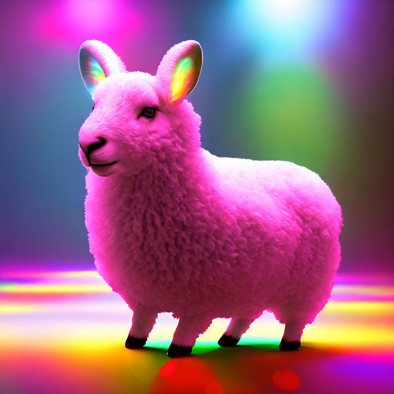 Fluffy sheep digital art with multicolored glowing ears on vibrant gradient background