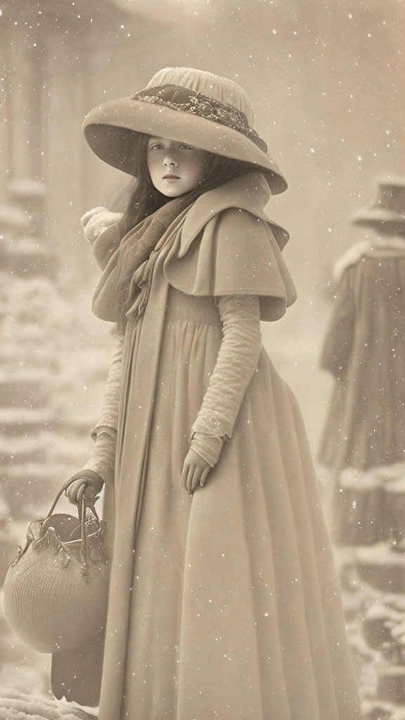 Vintage-style young girl in snow with basket, wide-brimmed hat, and ruffled coat
