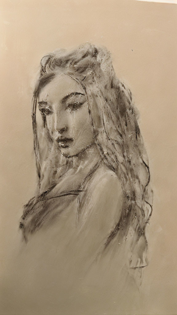 Monochromatic charcoal sketch of contemplative woman with flowing hair