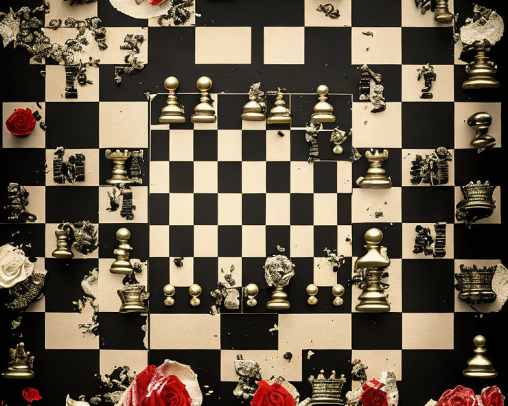Chessboard with Gold and Silver Pieces and Red Roses