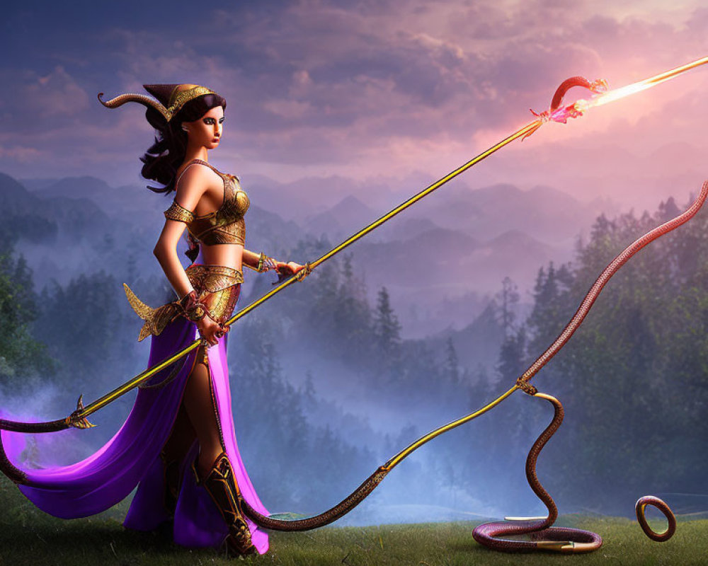 Warrior woman in golden armor and purple sari wields glowing bow in mystical forest landscape