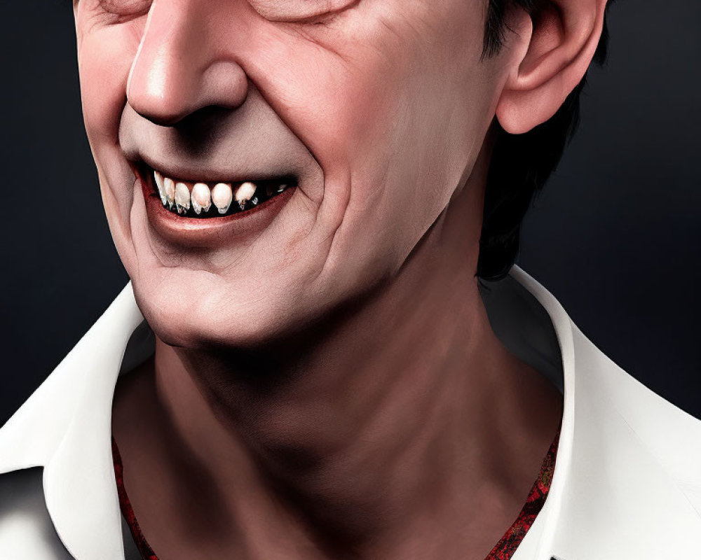 Detailed 3D caricature of a smiling man in white shirt with red accents