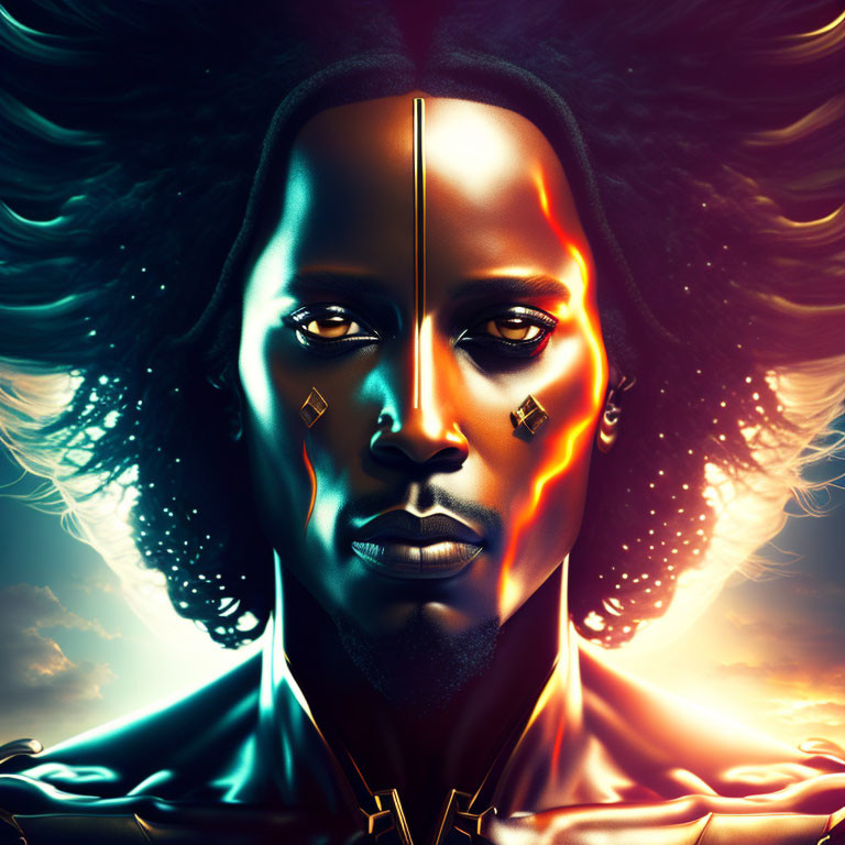 Symmetrical portrait of a person with realistic and metallic features on radiant backdrop