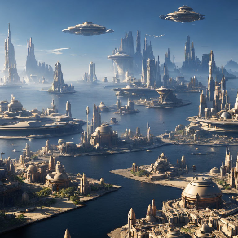 Futuristic cityscape with skyscrapers, flying vehicles, and waterways