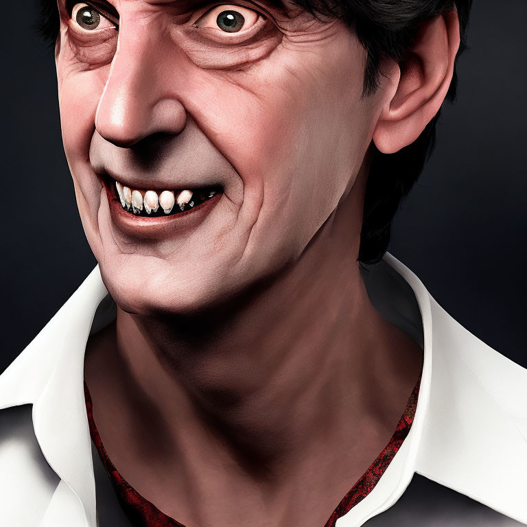 Detailed 3D caricature of a smiling man in white shirt with red accents