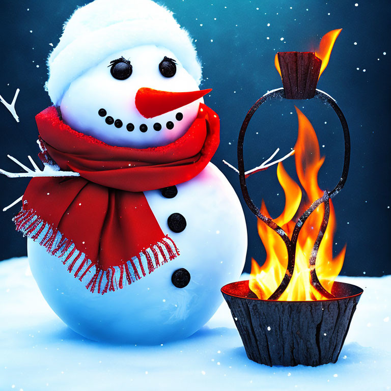 Cheerful snowman with red scarf and carrot nose in snowy scene