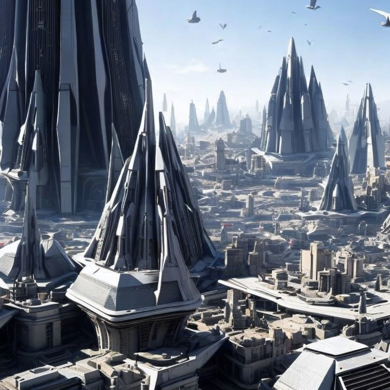 Futuristic cityscape with skyscrapers and flying vehicles under blue sky