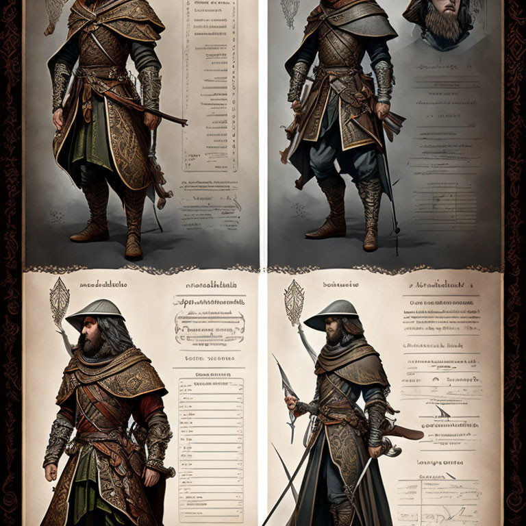 Detailed concept art: Fantasy character in medieval warrior attire - front, back, side poses, head close
