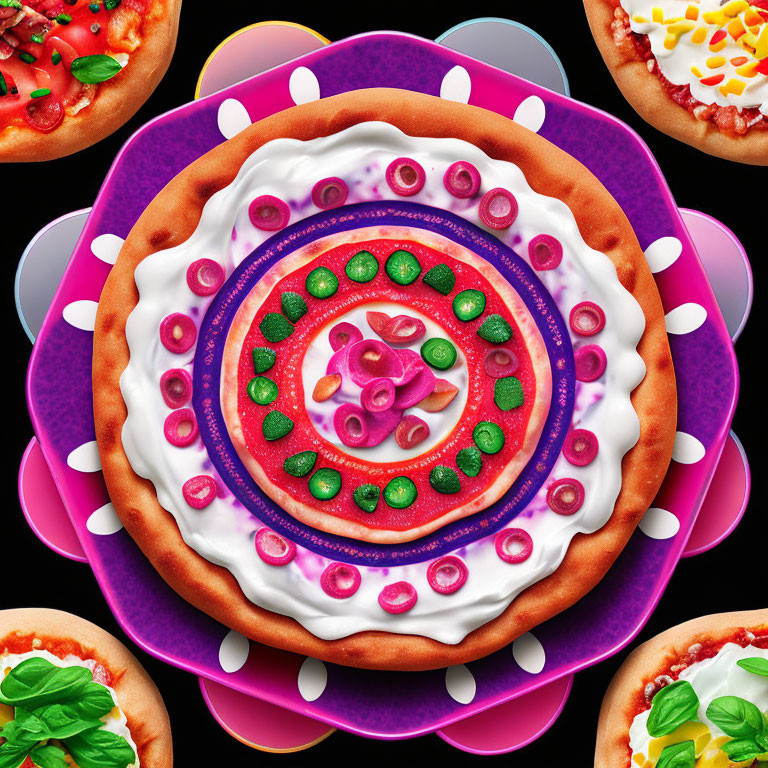 Surreal concentric pizza layers with diverse toppings on vibrant backdrop