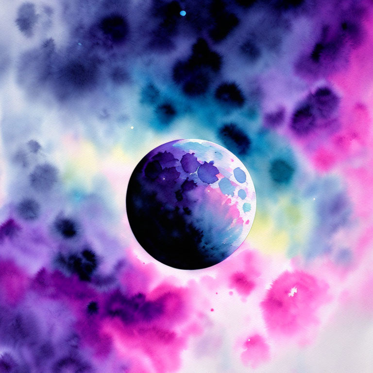 Colorful Watercolor Painting of Celestial Moon Sphere on Cosmic Background
